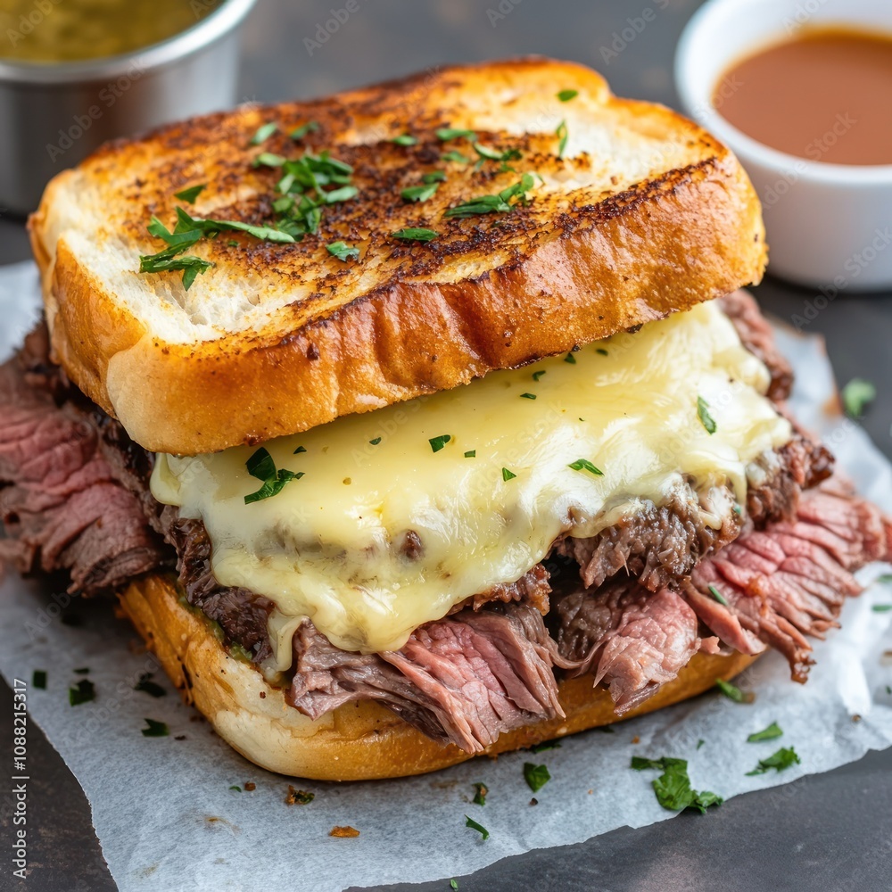 A deliciously stacked roast beef sandwich with melted cheese on toasted bread, garnished with herbs, served with dipping sauce.