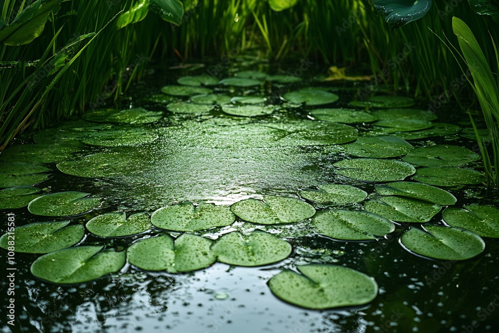 Vibrant green lily pads on a serene pond surface with reflections of nature : Generative AI Vibrant green lily pads on a serene pond surface with reflections of nature : Generative AI