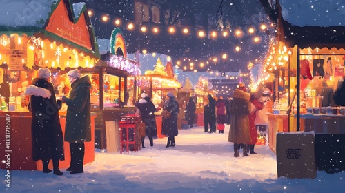 Festive winter market with colorful stalls, people sipping hot drinks, warm fairy lights strung around, and snow gently falling, a lively and joyful atmosphere.



