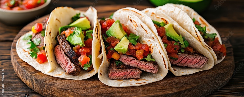 Delicious steak tacos topped with fresh salsa and avocado, served on a wooden platter, perfect for a savory meal.