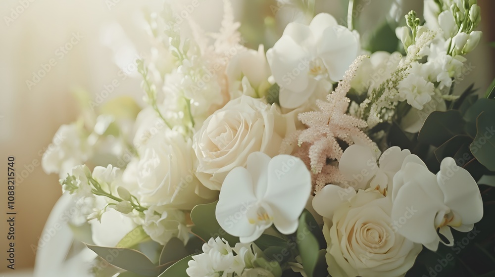 Obraz premium Luxurious wedding bouquet featuring white roses, orchids, and greenery, arranged with soft pastel ribbons, romantic and elegant.