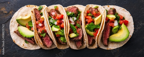 Delicious tacos filled with grilled steak, fresh vegetables, and avocado, arranged neatly for a mouthwatering presentation.