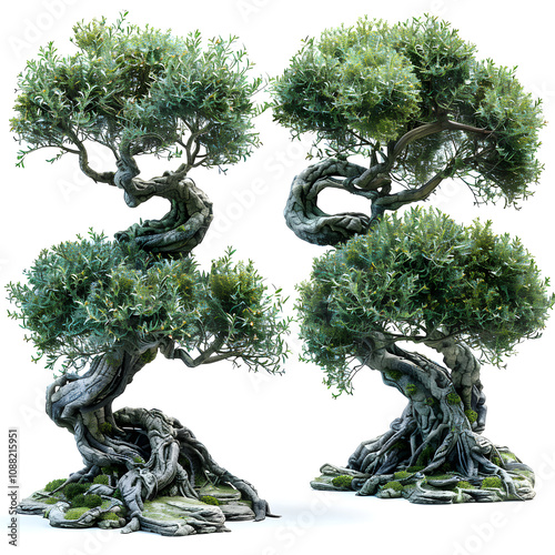 isolated cutout olive tree in 3 different variation, best use for landscape design, best use for post production render with white shades, png photo