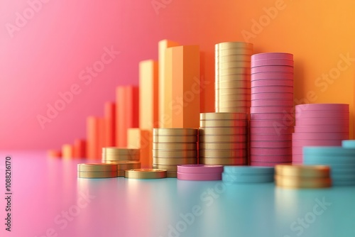 A vibrant display of stacked coins and bars, symbolizing growth, investment, and financial prosperity against a colorful background.