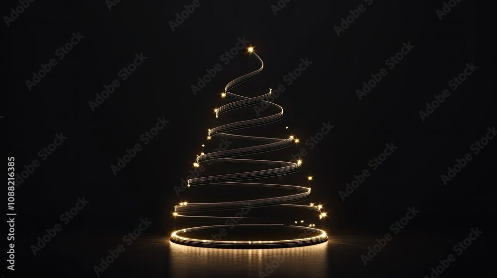 Obraz premium Simple yet stunning: a minimalist Christmas tree outline with delicate golden lights shining on a black background.