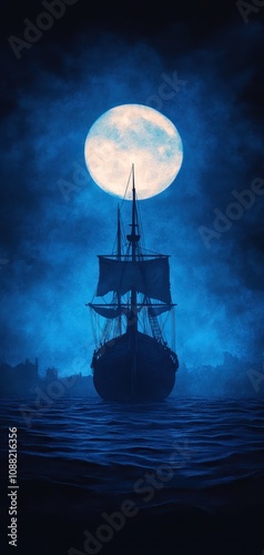 A serene, dark scene featuring a ship silhouetted against a large, glowing full moon on calm waters, creating a mystical atmosphere.