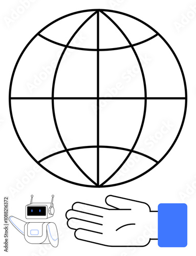 Globe, human hand, and robot with headset emphasize global connectivity, human-robot interaction, technology, and digital communication. Ideal for tech innovation, AI, globalization robotics