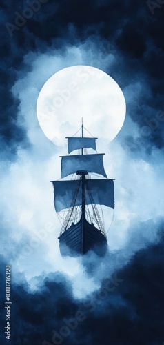 A dark silhouette of a ship sails under a full moon, surrounded by mist, creating a mysterious and atmospheric scene.