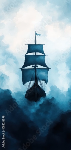 A silhouette of a majestic ship emerges from swirling blue clouds, creating a mysterious and ethereal atmosphere.