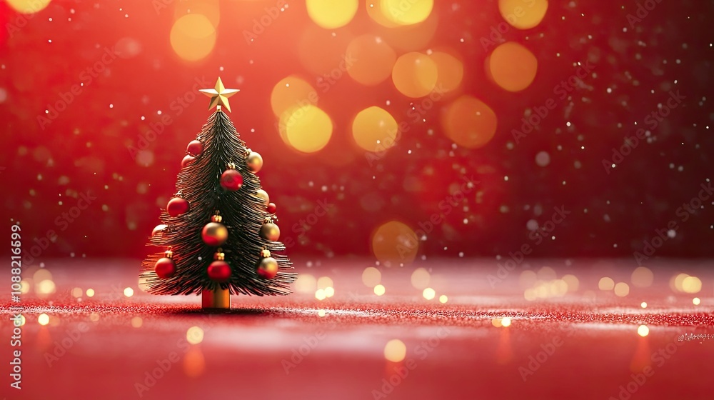 Small Christmas tree with classic red and gold decor, set against a cozy red background with sparkling bokeh lights. Small Christmas tree with classic red and gold decor, set against a cozy red background with sparkling bokeh lights.