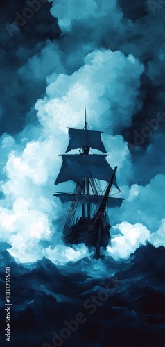 A dark, atmospheric scene featuring a ship sailing through tumultuous waves and clouds, evoking a sense of mystery and adventure.