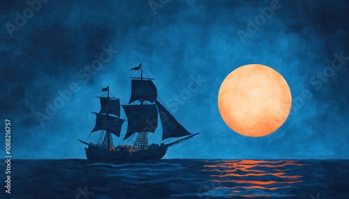 A majestic ship sails on tranquil waters under a vivid moonlit sky, creating a serene and enchanting maritime scene.