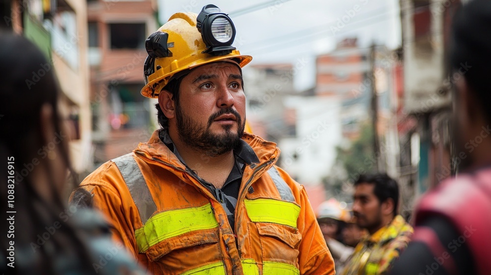 A man in a yellow helmet and orange jacket stands in front of a group of people A man in a yellow helmet and orange jacket stands in front of a group of people