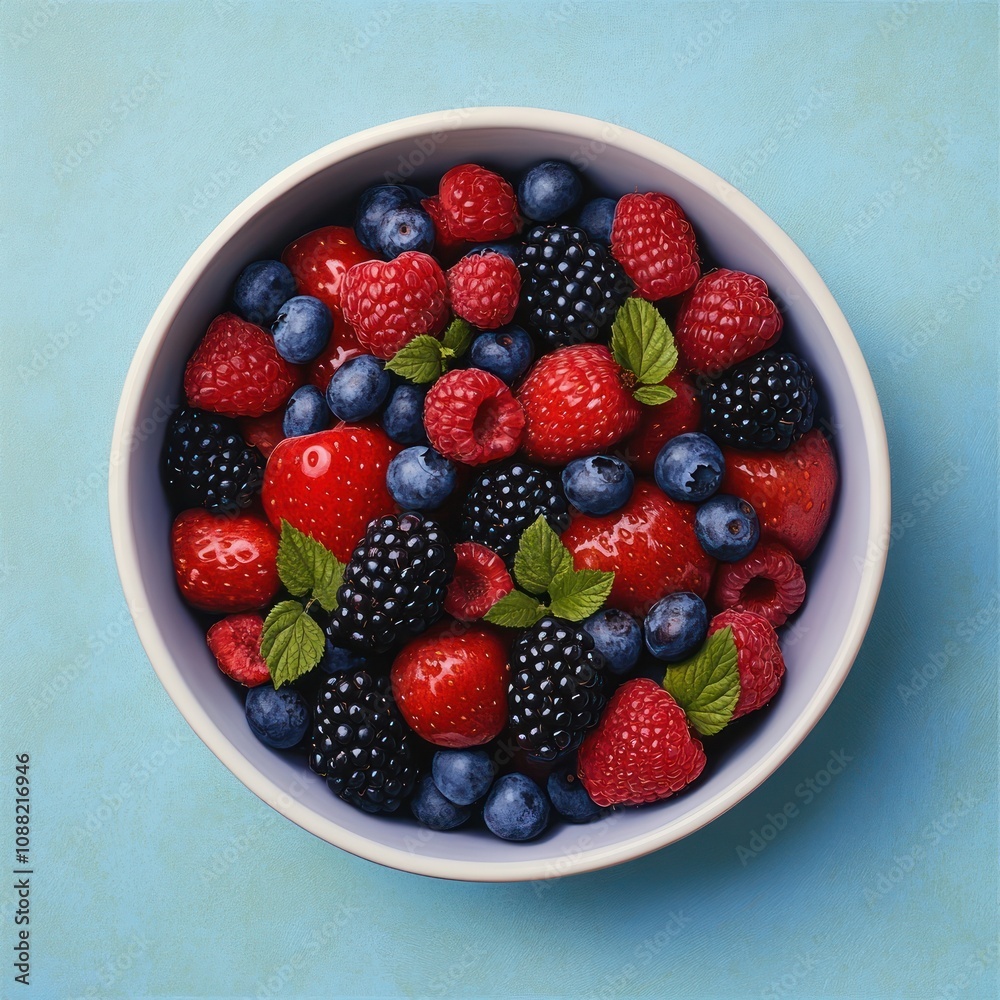 A vibrant bowl filled with an assortment of fresh berries, including strawberries, blueberries, and blackberries, garnished with mint leaves. A vibrant bowl filled with an assortment of fresh berries, including strawberries, blueberries, and blackberries, garnished with mint leaves.