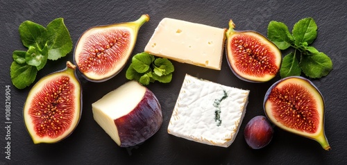 A vibrant arrangement of fresh figs, cheese varieties, and mint leaves on a dark background, showcasing a delightful mix of flavors and textures.