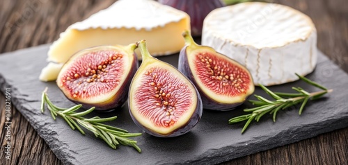A visually appealing arrangement of fresh figs, creamy cheese, and rosemary on a rustic slate board.