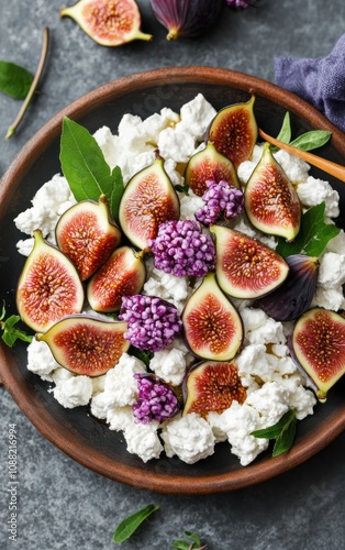 A vibrant platter featuring fresh figs, creamy cheese, and colorful flowers, creating a visually appealing and delicious presentation.
