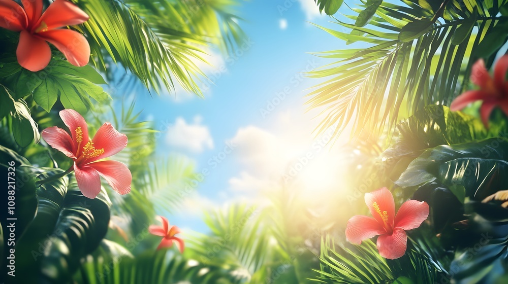Vibrant summer background with lush greenery, bright blue skies, blooming tropical flowers, and warm sunlight, cheerful and lively atmosphere.
Vibrant summer background with lush greenery, bright blue skies, blooming tropical flowers, and warm sunlight, cheerful and lively atmosphere.