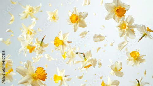 A patten of daffodils on a white background. A bouquet of white flowers is floating in the air. The flowers are yellow and white, and they are scattered all over the image photo