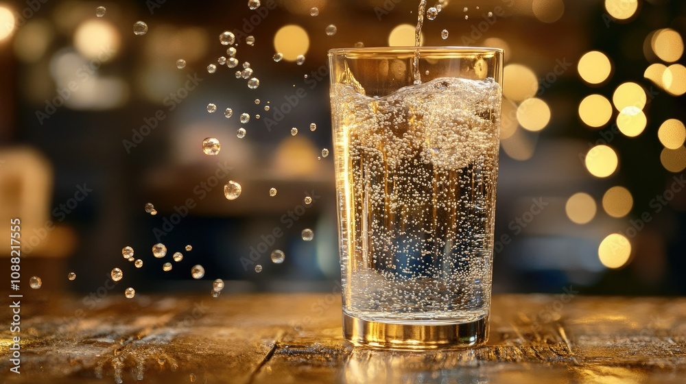 Sparkling water glass with bubbles ascending, wooden table setting under soft lighting, capturing a clean and fresh aesthetic. Sparkling water glass with bubbles ascending, wooden table setting under soft lighting, capturing a clean and fresh aesthetic.