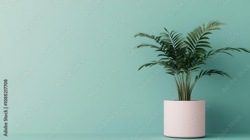 A serene indoor scene featuring a lush green plant in a modern white pot against a soft teal wall. A serene indoor scene featuring a lush green plant in a modern white pot against a soft teal wall.
