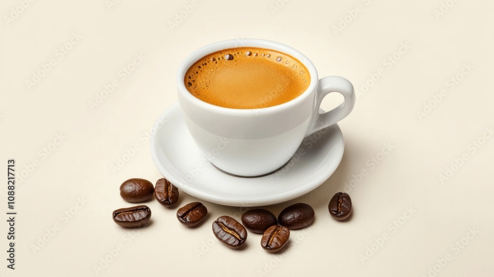 A cup of coffee on a saucer with coffee beans beside it. A cup of coffee on a saucer with coffee beans beside it.