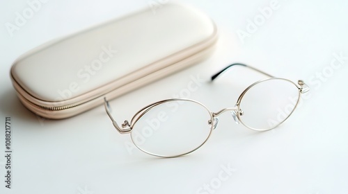 Elegant oval eyeglasses with a beige case on a white background.