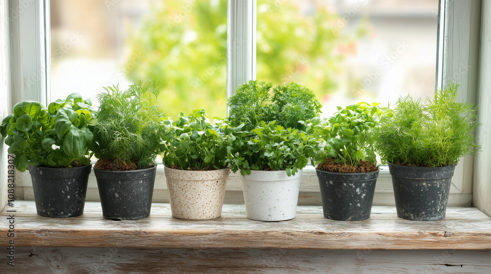 Assorted potted herbs on wooden windowsill with natural light Assorted potted herbs on wooden windowsill with natural light