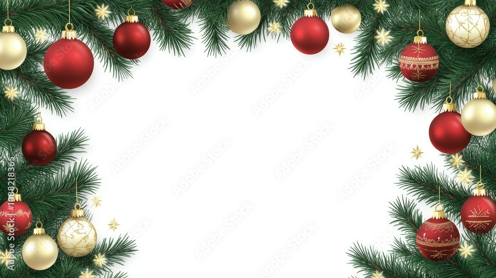 Tree decorated with red and gold ornaments with a blank background area for a festive message. Tree decorated with red and gold ornaments with a blank background area for a festive message.