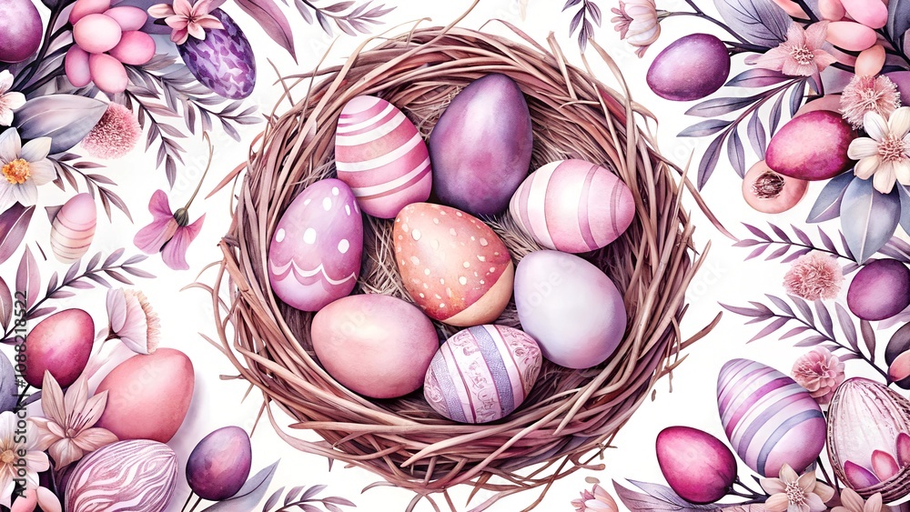 Watercolor Pastel Easter Eggs Collection in Natural Nest with Spring Flowers Watercolor Pastel Easter Eggs Collection in Natural Nest with Spring Flowers