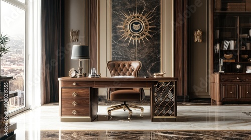 Luxury study room with custom-made desk, high-back leather chair, intricate woodwork, marble flooring, and opulent decor 