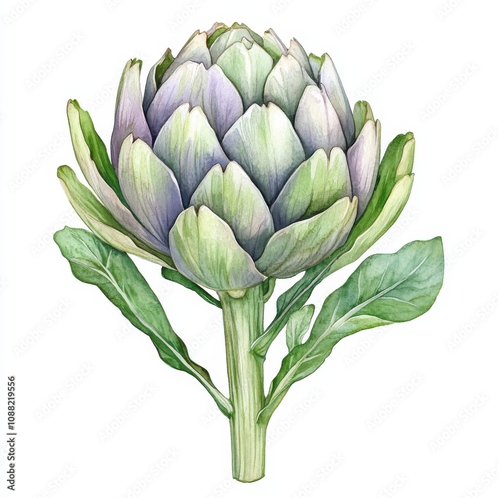 Obraz premium Watercolor illustration of artichoke with green leaves and purple tips