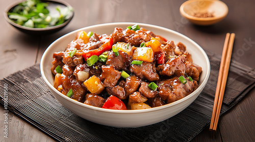 Sweet and Savory Pork Stir-fry: A delectable dish of tender pork, vibrant pineapple chunks, and colorful bell peppers in a rich, savory sauce. Served in a rustic bowl with chopsticks. 