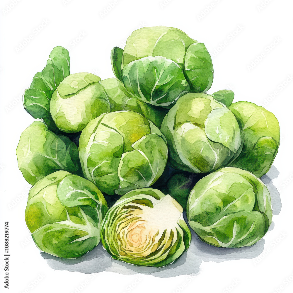 Fototapeta premium Fresh Brussels sprouts in watercolor illustration, showcasing vibrant greens
