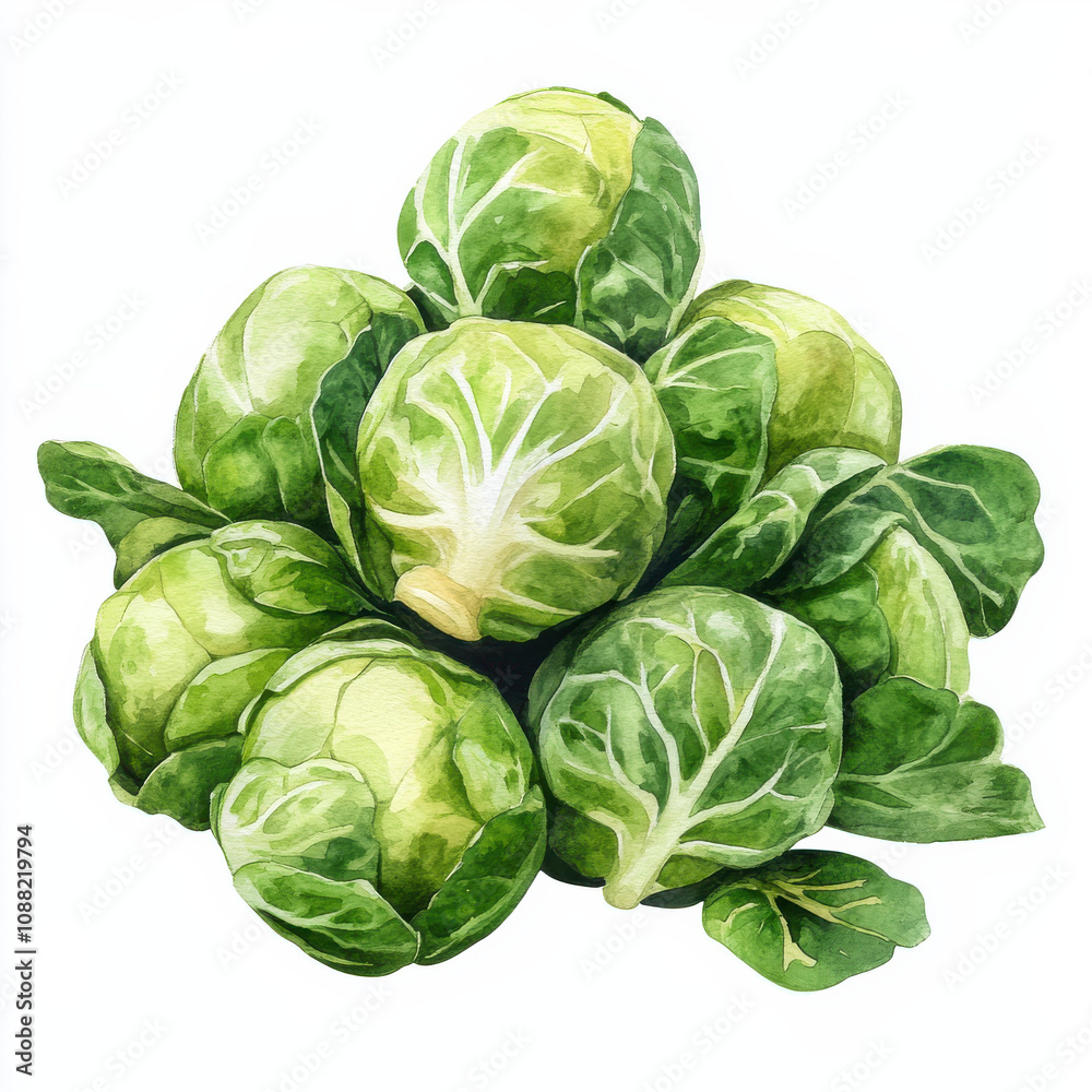 Fototapeta premium Fresh Brussels sprouts in watercolor illustration, showcasing vibrant greens