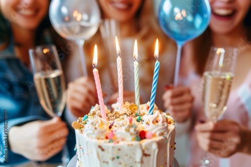 Celebration Moment with Colorful Birthday Cake and Friends Smiling, Holding Drinks and Balloons, Capturing Joyful Atmosphere at a Festive Party Gathering photo