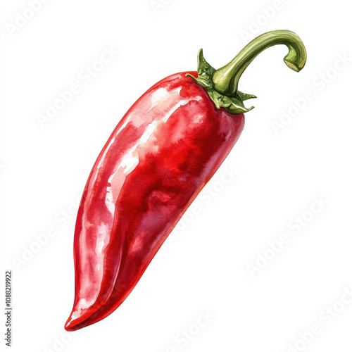 Watercolor illustration of vibrant red chili pepper isolated