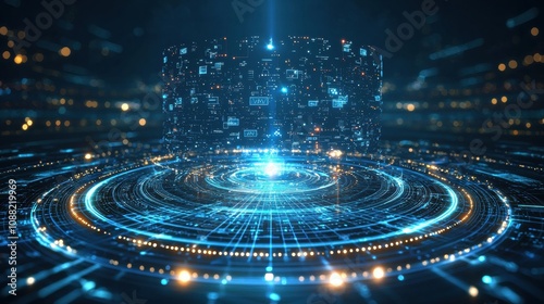 Futuristic Digital Landscape with Glowing Circles and Data Streams Illustrating Advanced Technology and Connectivity Concepts in a High-Tech Environment