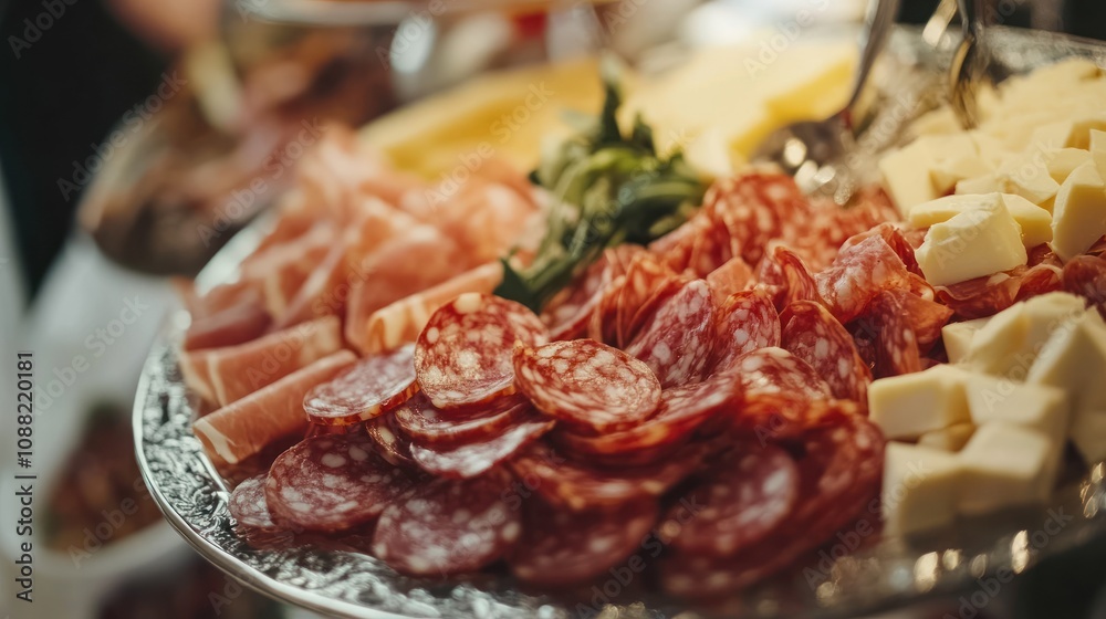A platter of assorted cured meats and cheeses, perfect for a charcuterie board. A platter of assorted cured meats and cheeses, perfect for a charcuterie board.