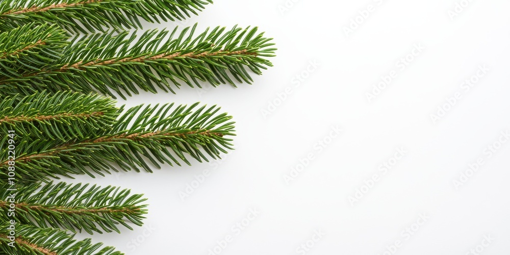 Obraz premium Fresh evergreen branches with vibrant green needles set against a clean white background, perfect for seasonal decor or natural aesthetics.
