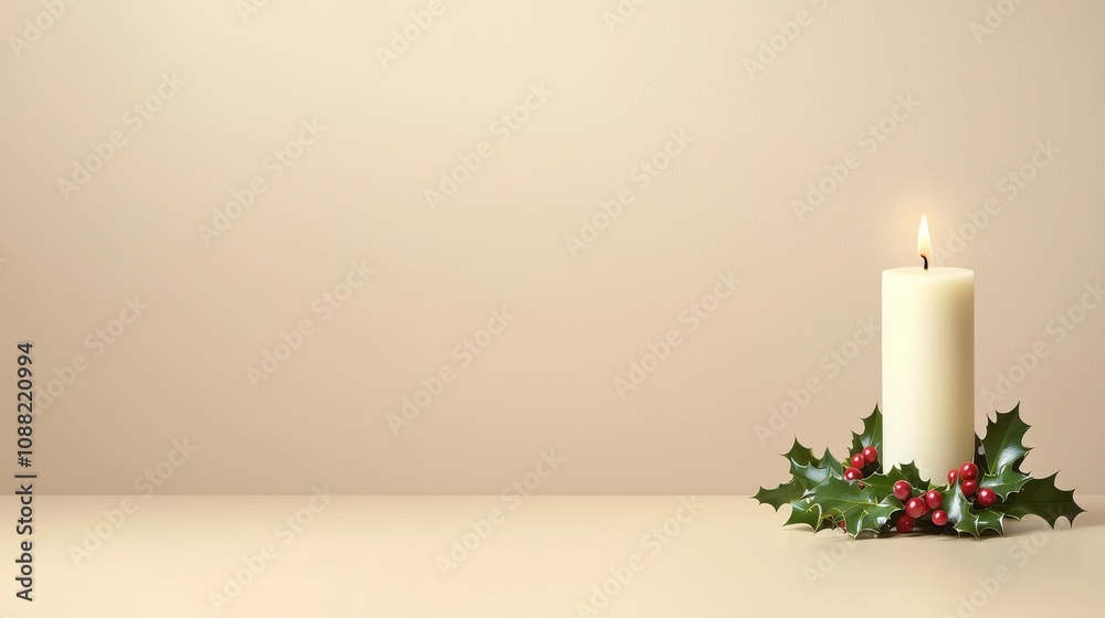 A lit white candle surrounded by holly leaves and red berries, set against a soft, neutral background, creating a warm, festive atmosphere. A lit white candle surrounded by holly leaves and red berries, set against a soft, neutral background, creating a warm, festive atmosphere.