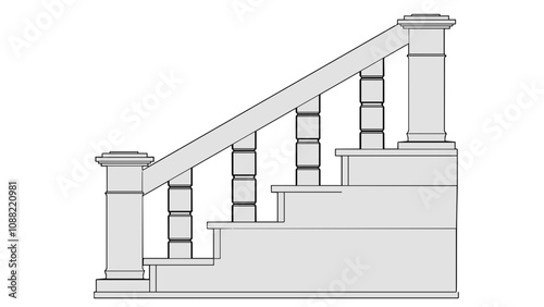 a drawing of a staircase with a banister and a handrail, stairs, stairway, railing, large staircase, staircase, isometric staircase, heavy outlines, height realistic details, detail structure
