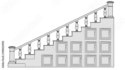 a drawing of a staircase with a banister and a handrail, stairs, stairway, railing, large staircase, staircase, isometric staircase, heavy outlines, height realistic details, detail structure