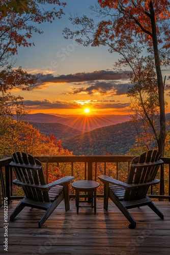 Tranquil Autumn Sunset Over Majestic Mountains with Cozy Chairs Perfect for Reflection and Relaxation in Nature's Splendor