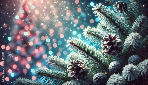 Festive Holiday Decorations with Pinecones and Lights – Cozy Christmas Tree Branches Adorned with Snowflakes, Pinecones, and Glittering Bokeh Lights for a Magical Winter Vibe
