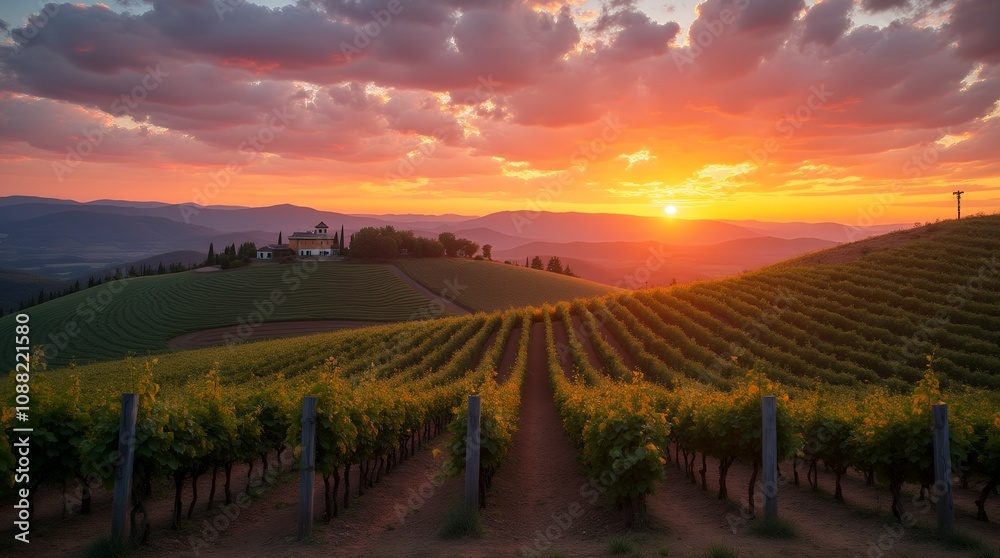 Mediterranean Vineyard at Sunset: Mediterranean Vineyard at Sunset: