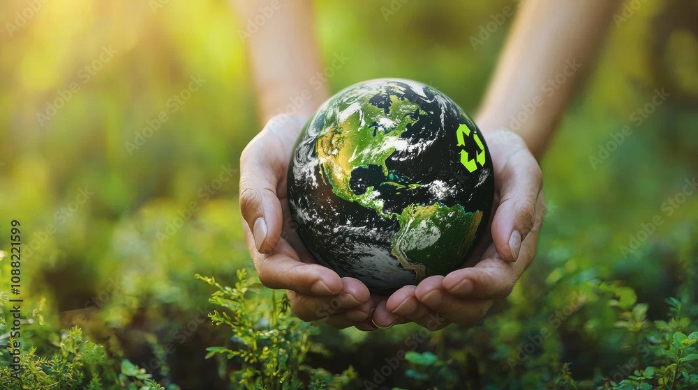 Hands Holding a Globe with a Recycling Symbol, Representing Sustainability and Care for the Environment in a Natural Setting Hands Holding a Globe with a Recycling Symbol, Representing Sustainability and Care for the Environment in a Natural Setting