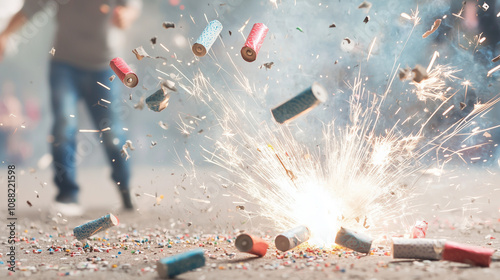 Fireworks Malfunction: A dramatic close-up captures the chaotic aftermath of a firework exploding prematurely, scattering debris on the ground with a person blurred in the background. photo