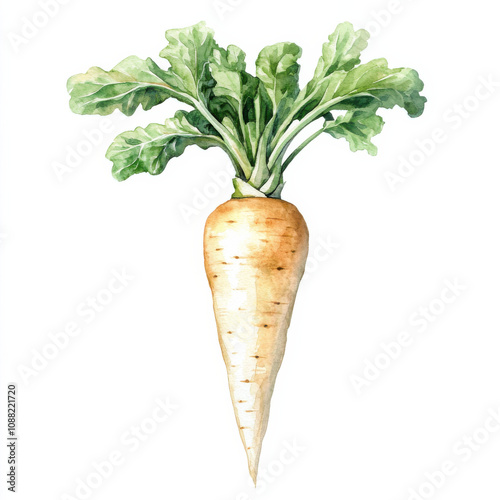 Watercolor illustration of parsnip with green leaves on top