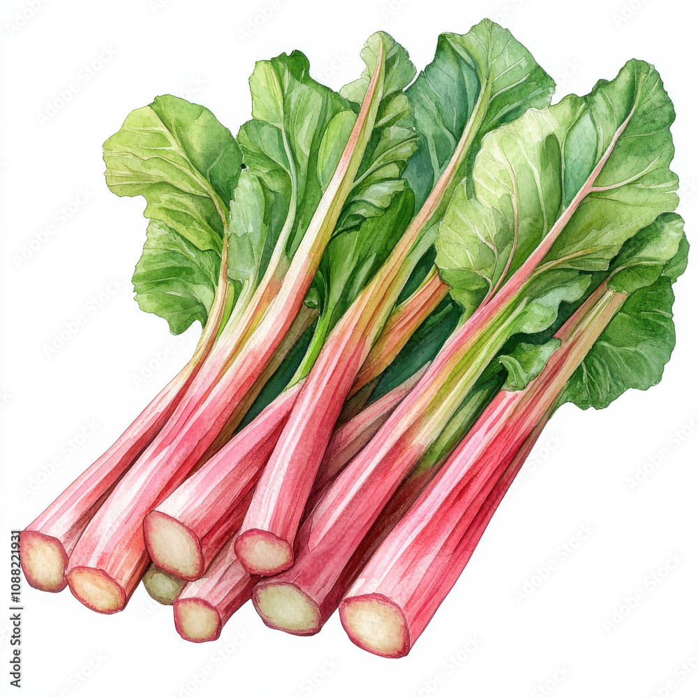 Fresh rhubarb stalks with vibrant green leaves, perfect for recipes Fresh rhubarb stalks with vibrant green leaves, perfect for recipes